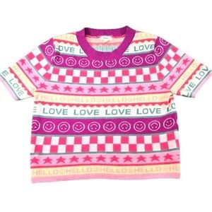 Debut‎ Girls Knit Sweater Top Size L Colorful Smiley Face Love Graphic Stars